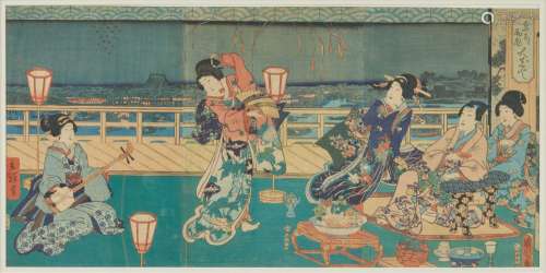 Toyohara Kunichika (1835-1900), Two woodblock print triptych...