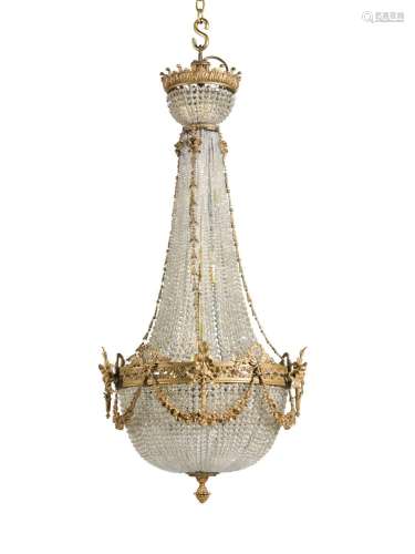A Louis XVI style bronzed metal and glass chandelier, 20th c...