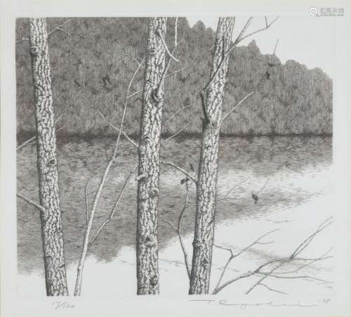 A modern etching of trees by a river, signed and dated 1978,...