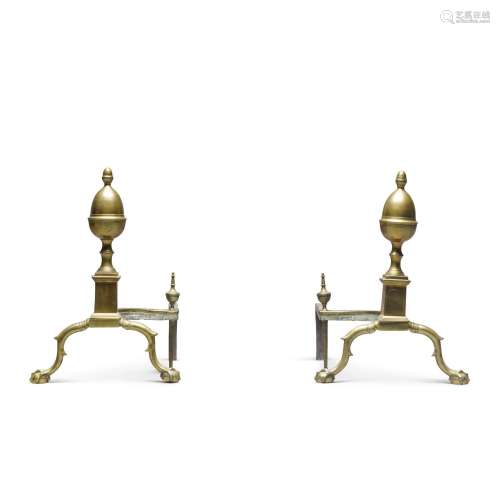 A pair of Federal brass and wrought-iron andirons, American,...