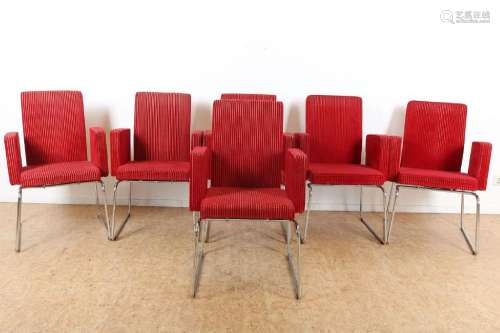 Serie van 6 buisframe stoelen met rode