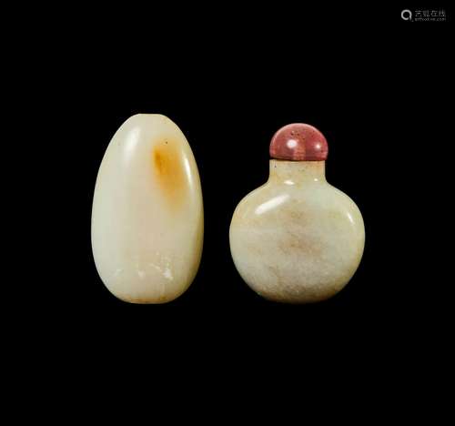 A CHINESE WHITE JADE PEBBLE & SNUFF BOTTLE WITH SEMI PRE...