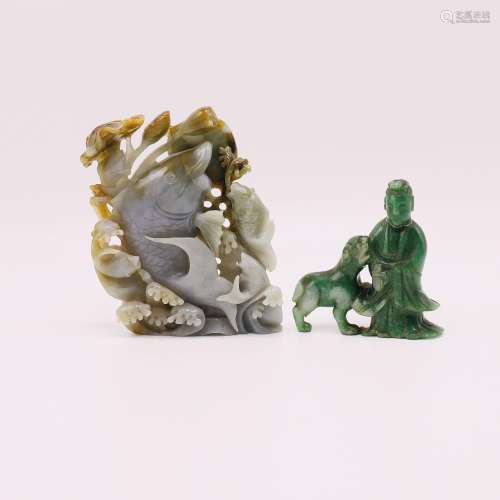 A CHINESE JADEITE FIGURE OF A FISH AND A BUDDHA WITH A FOO L...