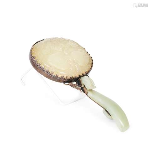 A WHITE JADE-MOUNTED SILVER HAND MIRROR, QING DYNASTY (1644-...