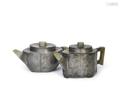 TWO CHINESE YIXING PEWTER & JADE ENCASED TEAPOTS 19TH CE...