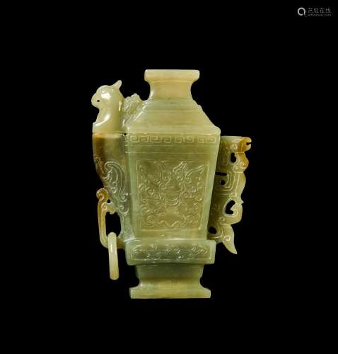A CHINESE RUSSET JADE ARCHAIC SHAPE LIDDED BOTTLE, QING DYNA...