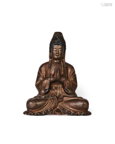 A LARGE CHINESE GILT WOOD FIGURE OF A SEATED GUANYIN, QING D...