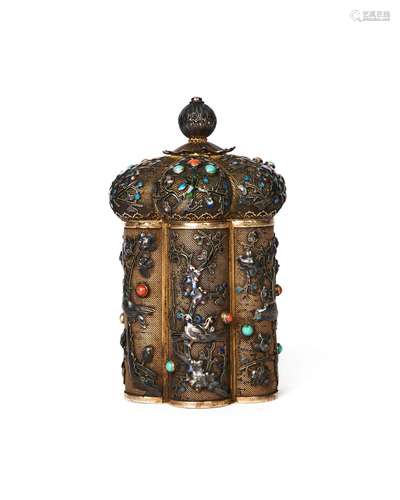 A CHINESE TIBETAN SILVER GILT & ENAMEL LIDDED JAR