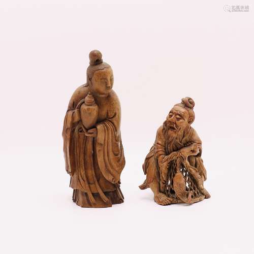 TWO CHINESE WOODEN FIGURES, QING DYNASTY (1644-1911)