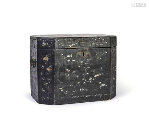 A CHINESE BLACK LACQUER MOTHER OF PEARL INLAID WORK CANISTER