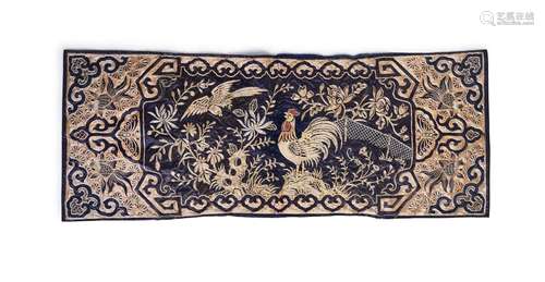 A CHINESE SILVER THREAD TEXTILE OF A COCKEREL & EAGLE IN...