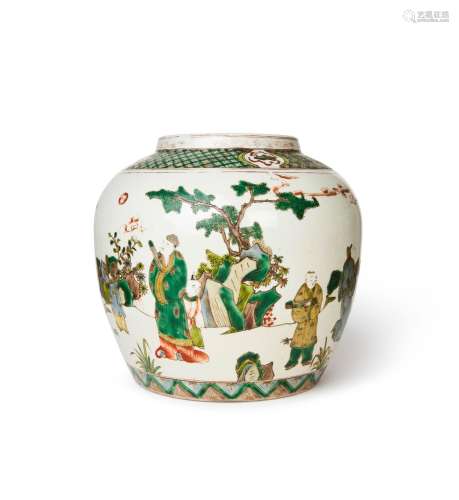 A LARGE CHINESE FAMILLE VERTE FIGURAL JAR, QING DYNASTY (164...