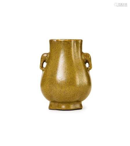 A CHINESE TEA-DUST GLAZED ELEPHANT HANDLE HU VASE, QING DYNA...