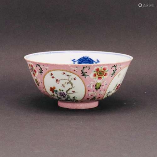 A CHINESE PINK GROUND FAMILLE ROSE MEDALLION BOWL, QIANLONG ...