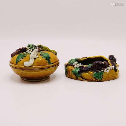 A CHINESE YELLOW GLAZED LIDDED BON BON BOX & DISH, KANGX...