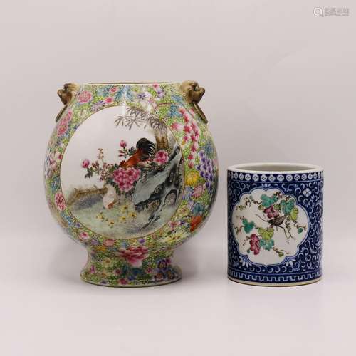 A CHINESE FAMILLE ROSE VASE & A BRUSH POT, QING DYNASTY ...