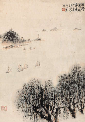 1899～1985 钱松嵒  鱼满千舟 设色纸本 立轴