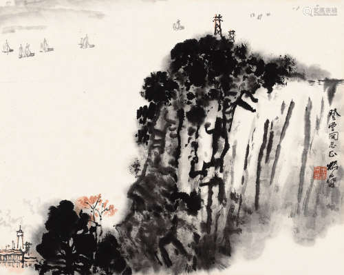 1899～1985 钱松嵒  秋江帆影 设色纸本 镜框