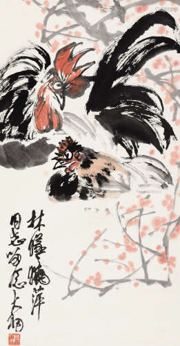 1912～2001 陈大羽  红梅双吉图 设色纸本 镜片