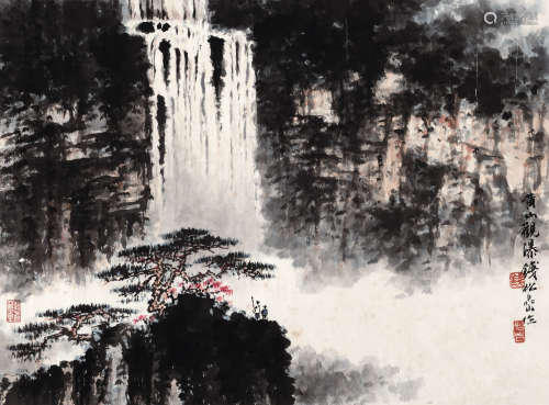 1899～1985 钱松嵒  黄山观瀑 设色纸本 镜片