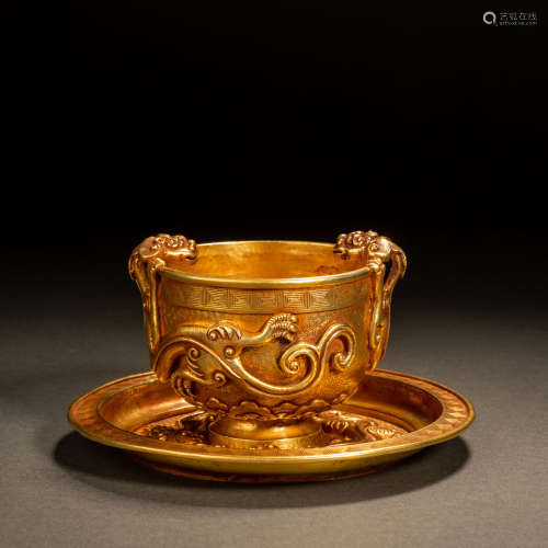 唐代純金螭龍紋杯盞