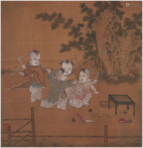 李晓飞(b.1986) 小庭戏婴图 设色绢本 镜心
