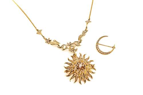 14K GOLD STAR BURST PENDANT BROOCH NECKLACE, 18.6g