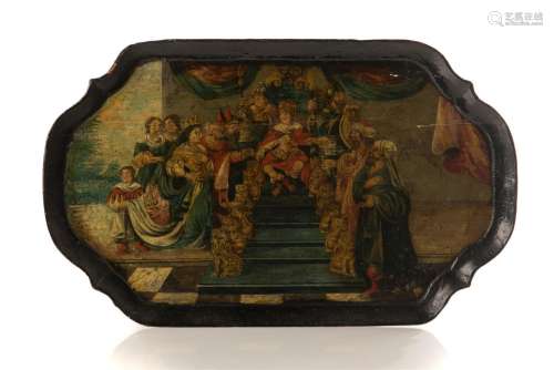 ANTIQUE RUSSIAN LACQUER PAINTED WOOD CARVED TRAY