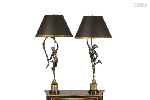 PAIR OF BRONZE FIGURES MOUNTED AS LAMPS