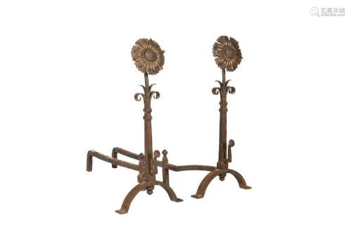 PAIR OF ANTIQUE METAL ANDRIONS WITH FLOWER FINIAL