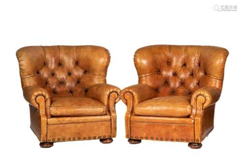 PAIR OF RALPH LAUREN LEATHER WINGBACK ARMCHAIRS