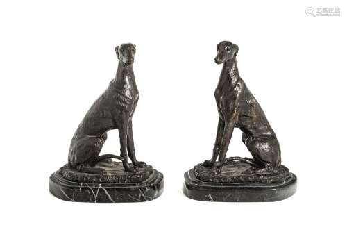 PAIR OF BRONZE SEATED GREYHOUNDS AFTER BARRIE