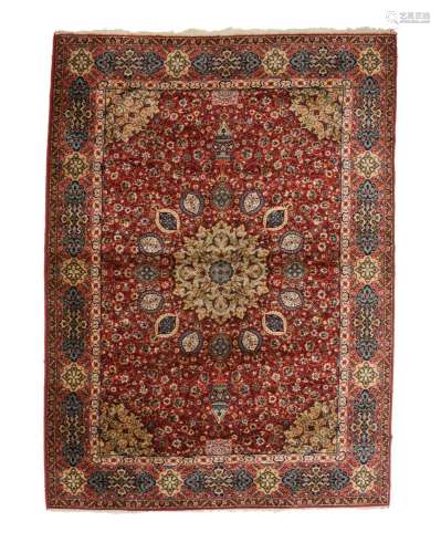 Hand-knotted Persian wool rug, garnet field and floral decor...