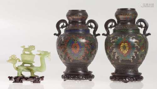 Pair of applied cloisonné enamel vases, China, 20th century
