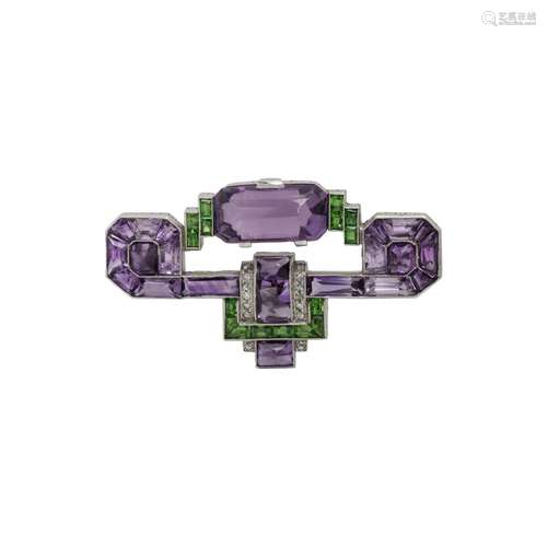 ART DECO, AMETHYST, GREEN GARNET AND DIAMOND BROOCH