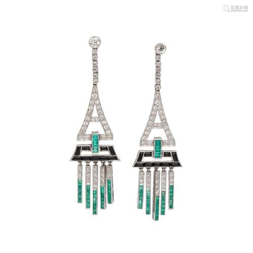 DIAMOND, EMERALD AND ONYX EARRINGS