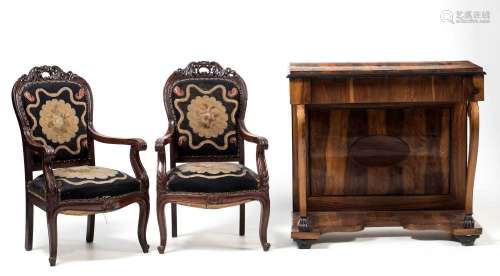 Pair of Alphonsine mahogany armchairs, Spain,early 20th cent...