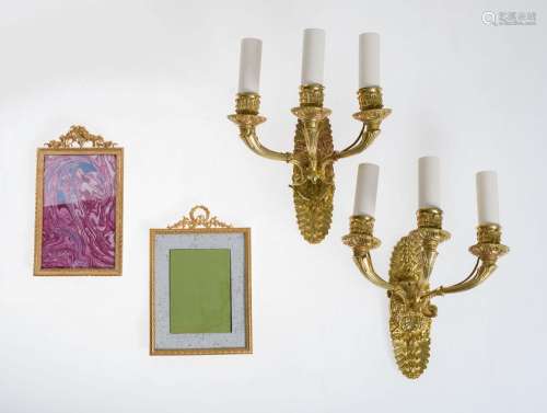 Pair of sconces with three gilt bronze lights, France, late-...