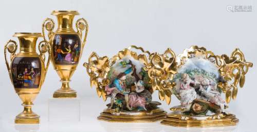 Pair of Empire style vases in polychrome and gilded porcelai...