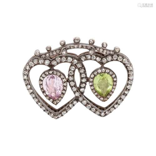 GEORGIAN, DIAMOND AND GEMSTONE DOUBLE HEART BROOCH