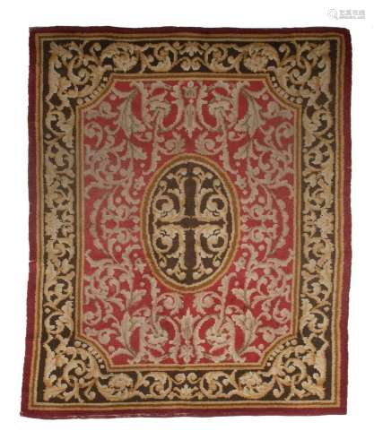 Hand-knotted wool rug with maroon field, central medallion a...