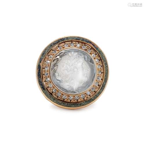 ANTIQUE, MOONSTONE CAMEO AND DIAMOND RING