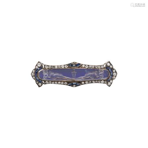 ANTIQUE, ETCHED GLASS, DIAMOND AND SAPPHIRE BROOCH