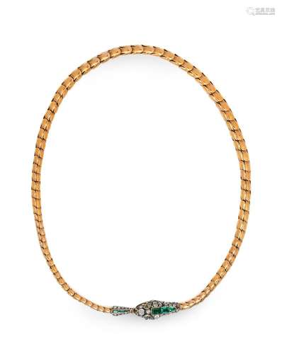 VICTORIAN, YELLOW GOLD, EMERALD AND DIAMOND SNAKE NECKLACE