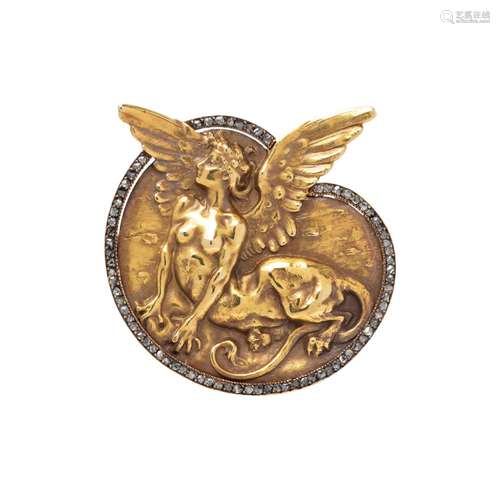 RENE LALIQUE, ART NOUVEAU, YELLOW GOLD AND DIAMOND BROOCH  