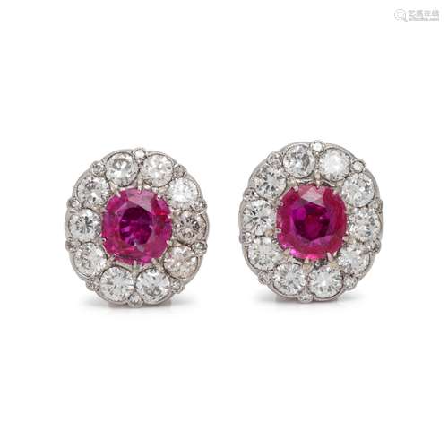 UNHEATED BURMESE RUBY AND DIAMOND EARCLIPS