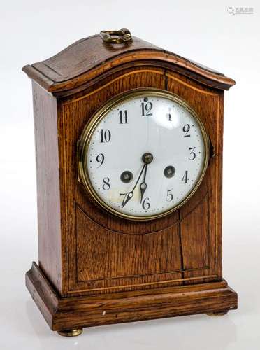 Edwardian English clock in oak wood with lemongrass marquetr...