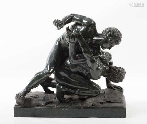 "Wrestlers" carved green marble sculpture, late- 1...