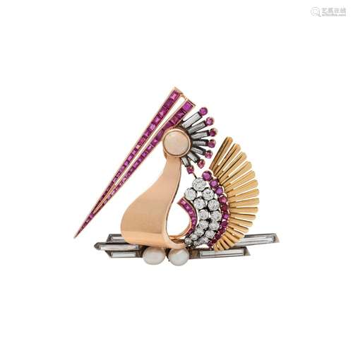 RETRO, DIAMOND AND MULTIGEM PELICAN BROOCH