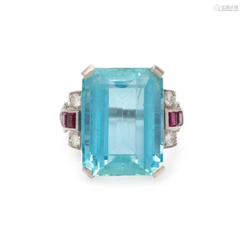 RETRO, AQUAMARINE, DIAMOND AND RUBY RING